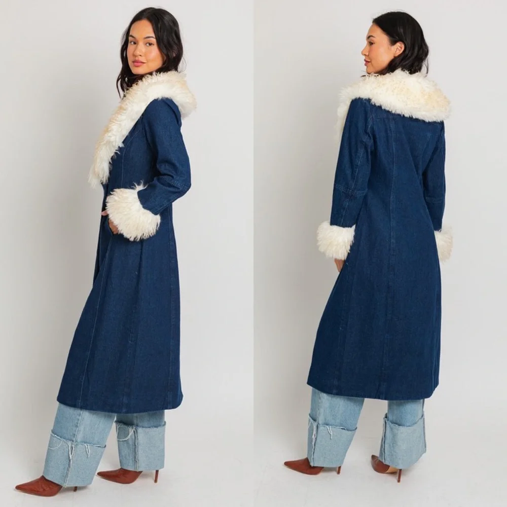 *LAST 1* Don’t Look Back Faux Fur Trim Pennylane Denim Coat - Picture 4 of 6